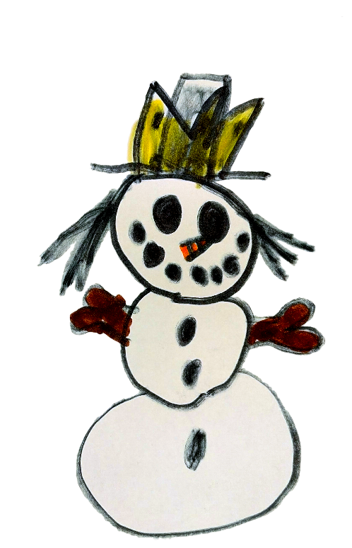 a snowman with a crown, drawn by a kid
